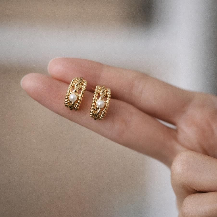 4 pcs Glass Pearl C Shape Earring, 18K Gold plated Brass, Filigree Hoop Earrings (GB-2619)